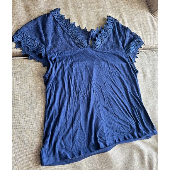 Venus Blue Blouse‎ Women's Embroidery Lace Short Sleeve V Neck Keyhole Viscose L - Picture 3 of 13